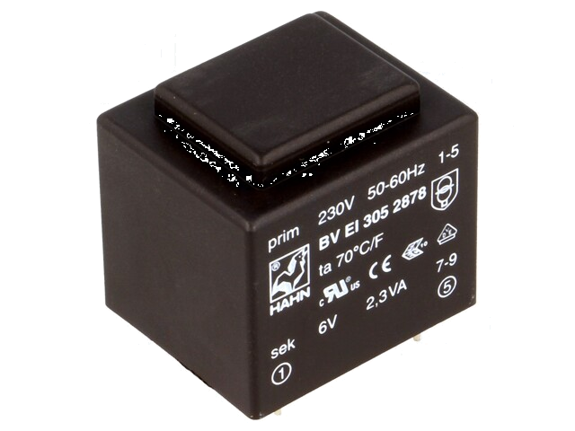 Transformator: ingegoten; 2,3VA; 230VAC; 6V; 383mA; PCB; BVEI Transformator: ingegoten; 2,3VA; 230VAC; 6V; 383mA; PCB; BVEI